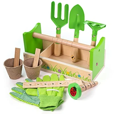 Image of Bigjigs Toys, Gardening Caddy, Wooden Tools, Outdoor Garden Kids Set, Children&#039;s Toys