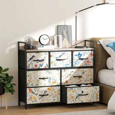 Image of HOMCOM Bedroom Chest of Drawers, Fabric Dresser with 7 Open Shelf and Steel Frame for Living Room, Hallway, White
