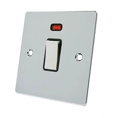 Image of Alliance Electrical FPC20ASWIBC Polished Chrome Flat 20 Amp DP Black Insert Metal Rocker Switch 20A Double Pole w/Neon Indicator