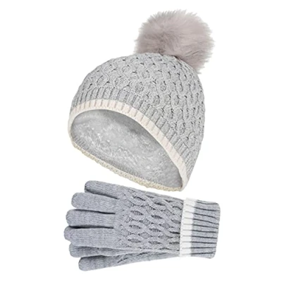 Image of HEAT HOLDERS Girls Thermal Insulated Pom Bobble Beanie Hat and Gloves Colourful Pastel Styles (7 10 Years, Cloud Grey)
