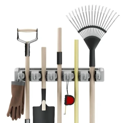 Image of Stalwart Wall Organizer with Adjustable Slots and Hooks Mounted Tool Broom Holder Organization Storage for The Kitchen Garage