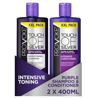 Image of PROVOKE Touch Of Silver Brightening Purple Shampoo &amp; Intensive Conditioner 400ml, Neutralises Yellow Orange Tones, Formulated With Violet Blue Pigments