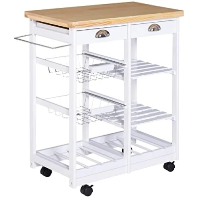 Image of HOMCOM Rolling Kitchen Island Trolley, Serving Cart w/ Drawer, Basket White