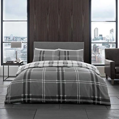 Image of Gaveno Cavailia Bardsley Check Luxurious Bed Set with Duvet Cover and Pillow Cases, Polyester Cotton, Single Grey
