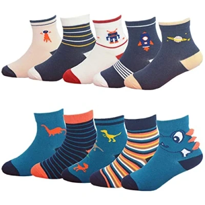 Image of YANWANG 10 Pairs Toddler Kids Crew Socks Novelty Cute Cartoon Cotton Sock for Boys and Girls(1 Green Dinosaur, S:1 3 Years)
