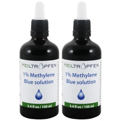Image of 2X Methylene Blue 1% Solution 3.4 Fl Oz 100 ml Ultra High Purity USP Pharma Grade Ingredients Third Party Tested Formaldehyde Free Set of Two Glass Bottle Heiltropfen®
