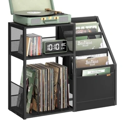 Image of VASAGLE Record Player Stand, 3 Tier Side Table, Vinyl Storage up to 140 Albums, End Table for Living Room, Bedroom, Ebony Black LET276B01