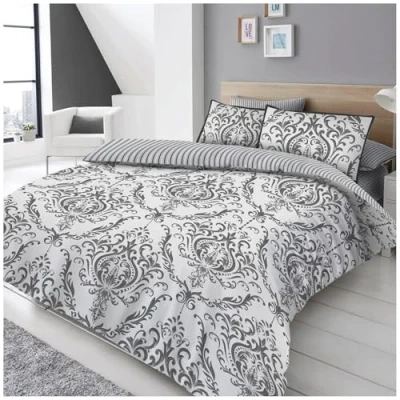 Image of GC GAVENO CAVAILIA Floral Damask Duvet Cover King Size Bed Luxury Reversible Charcoal Striped Quilt Set Jacquard Flower Bedding Sets