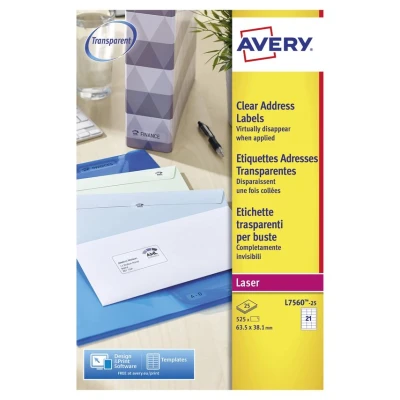 Image of Avery Printable, Customisable Clear Address Mailing Labels, Laser Printers, 21 Labels Per A4 Sheet, 525 QuickPEEL (L7560)