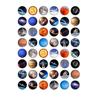 Image of 48 Outer Space Planets Themed Round Edible Wafer Paper Cake Toppers Decorations