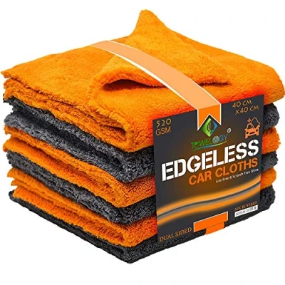 Image of Towelogy® 520gsm Professional Microfibre Edgeless Car Cloths QUICK DRY for Auto/Moto Detailing Polishing Washing STREAK FREE &amp; LINT 40x40cm (Grey/Orange, Pack Of 4)