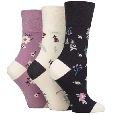 Image of Women&#039;s 3 Pair Gentle Grip Patterned Bamboo Socks Botanical Bloom 4 8