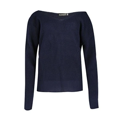 Image of Oops Outlet Womens Oversized Jumper V Neck Off The Shoulder Top Chunky Knitted Bardot S/M (UK 8/10) Navy