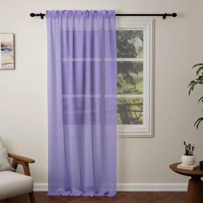 Image of Pacok Purple Voile Curtains, 108 Drop Net Curtain for Windows, Rod Pocket Sheer Panel Curtains Living Room Kitcken Bedroom W56xL108 Inch(Purple, 142 x 274cm)
