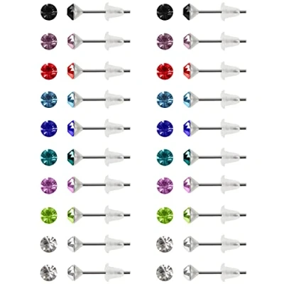 Image of Kurtzy 20 Pairs Round Cubic Zirconia Stud Earrings with Storage Box 4mm 9 Assorted Birthstone Colours, Stainless Steel Soft Rubber Back Stoppers CZ Earring Studs For Women &amp; Girls