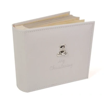 Image of Joe Davies White Suede &#039;My Christening&#039; Album with Silver Teddy Motif, Photo Size 6x4