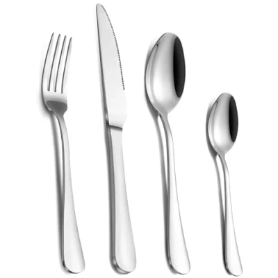 Image of Cutlery Set, Pleafind Set for 4, 16 Piece Silverware Stainless Steel Knife and Fork Flatware Mirror Polished, Dishwasher Safe