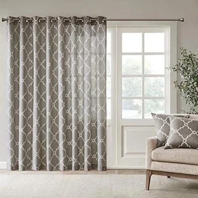 Image of Madison Park Saratoga Window Curtain Light Filtering Fretwork Print 1 Panel Grommet Top Drapes/Valance for Living Room Bedroom and Dorm, 100x84, Grey