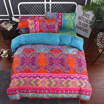 Image of Sticker superb Blue Red Purple Green Moroccan Bohemian Duvet Cover Set, Indian Ethnic Exotic Bedding Set with Pillow Case, Butterfly Boy Girl Mandala (Bohemia, Double 200x200cm)
