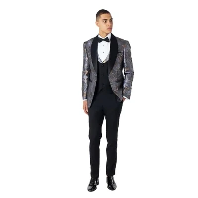Image of Mens GREY BLUE Floral Printed Wedding Party 3 Piece Suit [SUIT V83709 JASON 46UK, 56EU]