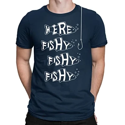 Image of Mens Here Fishy Angling Fisherman Fishing Gift Dad Funny Slogan T Shirt Navy Blue (M)