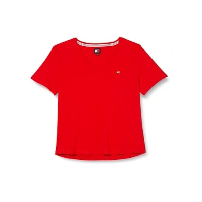 Image of Tommy Jeans Women Short sleeve T shirt Slim V neck, Red (White / Red), XS