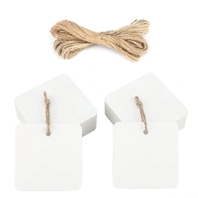 Image of jijAcraft 5.5CM White Gift Tags, 100PCS Square Tags with 30M Jute Twine for Crafts