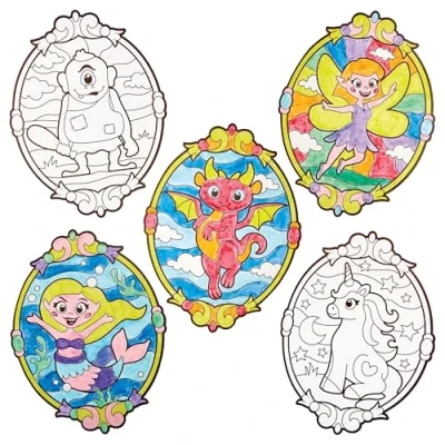 Image of Baker Ross FN086 Mythical Creatures Colour in Window Decorations Pack of 16, Stained Glass Effect Kids Craft