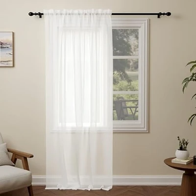 Image of Pacok White Voile Curtains, 108 Drop Net Curtain for Windows, Rod Pocket Sheer Panel Curtains Living Room Kitcken Bedroom W56xL108 Inch(White, 142 x 274cm)