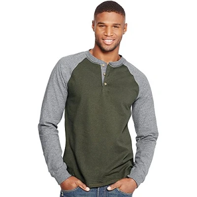 Image of Hanes Men&#039;s T Shirts, BeefyT Henley Cotton Long Sleeve Camouflage Green/Oxford Gray, S