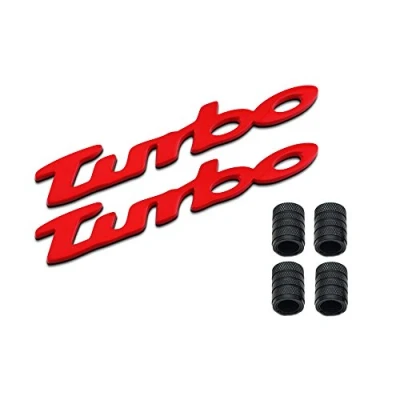 Image of 3D Metal TURBO Logo Car Badge Emblem Sticker +4Pcs Knurled Style With Plastic Core Valve Caps for Universal Styling Decorative Accessories (Red)