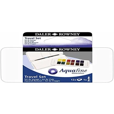 Image of Daler Rowney Aquafine Watercolour Paint, Plastic Set, Half Pan Pan, Travel 12 Assorted Colours + 1 Brush