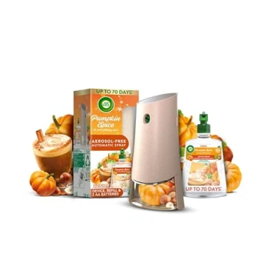 Image of Air Wick Aerosol Free Automatic Freshener Spray Kit Pumpkin Spice &amp; Everything Nice 1 Gadget, Refill and 2 AA Batteries 24x7 Active Fresh Odour Neutraliser Lasts Up to 70 Day