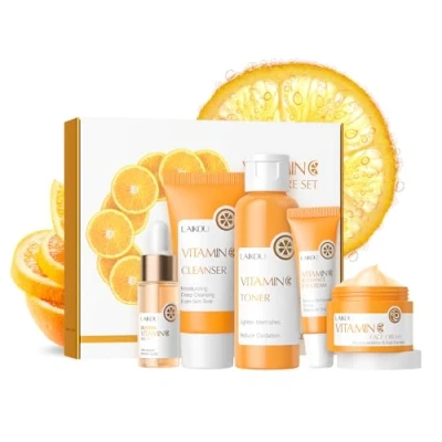 Image of LAIKOU Skincare Set, Vitamin C Serum for Face Skin Care Sets &amp; Kits Cleanser, Toner, Serum, Eye Cream Cream, Facial Kit Radiant Skin, Anti Aging Gift Set Women Teenage Girls 5pcs