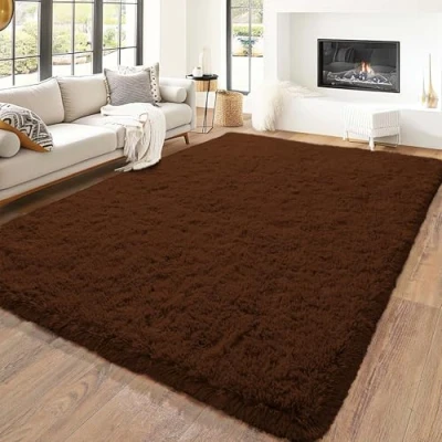 Image of Hafaa Rugs Living Room 120 x 170 cm Fluffy Shaggy Brown Area for Bedroom Modern Super Soft Plush Carpet Non Slip Shedding Easy To Clean Rug