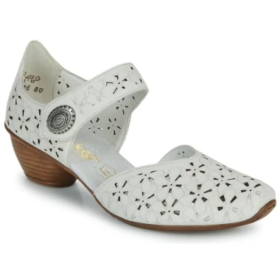 Image of Rieker 43786 Womens Off White Leather A Strap Heeled Court (White, UK Footwear Size System, Adult, Women, Numeric, Medium, 7)