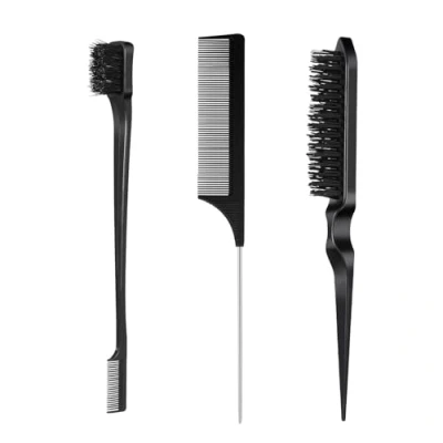Image of 3 Pcs Slick Back Hair Brush Set with Edge Brush, Set, Combing Brushes, Bristle Rat Tail Comb, Teasing for Smoothing Baby &amp; Flyaways, Black