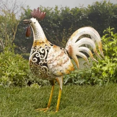 Image of Garden Mile Solar Powered LED Light Cockerel and Hens, with Copper Bronze Effect Metal Silhouette Animal Sculptures, Lighting Stunning Ornaments Decoration (Cockerel)