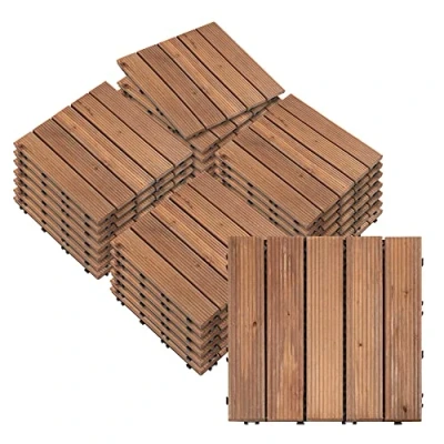 Image of Outsunny 27 Pcs Solid Wood Interlocking Decking Tiles for Patio, Balcony, Roof Terrace, Hot Tub, Brown, (30 x 30 cm Per Piece)
