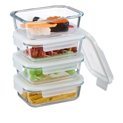 Image of Relaxdays Set of 4, Glass Containers, 640 ml, Meal Prep, Food Storage Boxes, Plastic Lid, Airtight, Transparent