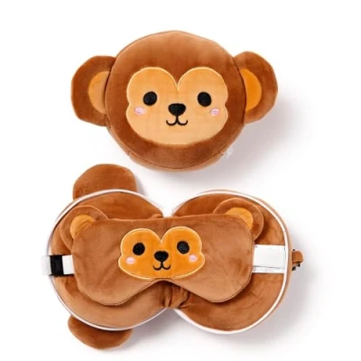 Image of Puckator Relaxeazzz Monkey Round Plush Travel Pillow &amp; Eye Mask Sleep Masks Kids Accessories For Sleeping Airplane Flight Plane Neck Pillows