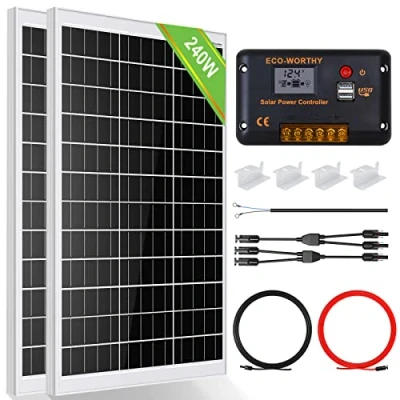 Image of ECO WORTHY 240W 12V Solar Panel Kit 1kWh/Day Off Grid System for RV Car Boat Camping Shed:2pcs 120W Mono + 30A PWM Charge Controller Z Brackets+ Extension Cables