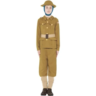 Image of Smiffys Horrible Histories WWI Boy Costume, Green with Top, Trousers &amp; Hat, Officially Licensed Fancy Dress, Child Dress Up Costumes