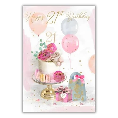 Image of Female 21st Birthday Card for Her Age 21 Floral Cake and Balloons Special Finishes Illustrated Insert Leaf Made in the UK