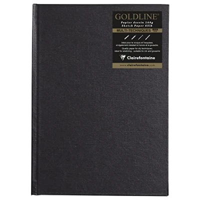 Image of Clairefontaine Ref 34245C Goldline Casebound Pad (64 White Sheets) A5 (210 x 148mm) Size, 140gsm Paper, Portrait Layout Black Cover Suitable for Dry Techniques