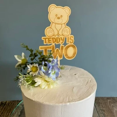 Image of Luck and Personalised Teddy Bear Cake Topper, Childrens 2nd Birthday Decoration, Kids Wooden Party