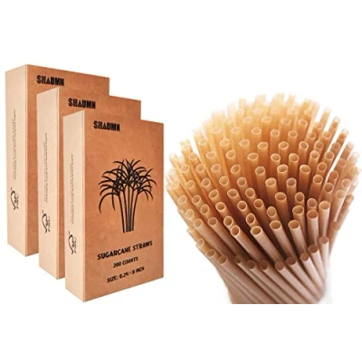Image of 600pcs Sugarcane Straws 8 Inch Compostable Biodegradable Drinking Plasticless Sturdy Smoothie Not Foggy Packed by 200 Count per box(3 packs)