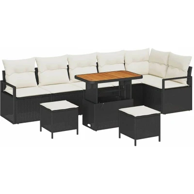 Image of vidaXL 9 Piece Garden Sofa Set with Cushions Black Poly Rattan Acacia