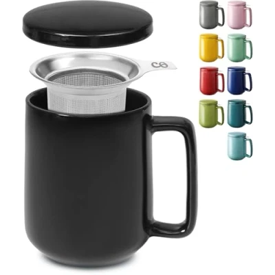 Image of Cosumy Tea Cup with Infuser and Lid 500ml Large Ceramic Mug Long Warmth Scratch Resistant Dishwasher Safe (Black)