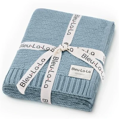 Image of Bleu La Organic Cotton Knit Receiving Blanket for Boys 100% Luxury Soft Warm Cozy Swaddle Cuddle Stroller Crib Newborns, Infants &amp; Toddlers (0 2Yrs Sky Blue)